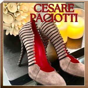 🔥Cesare Paciotti, Exquisite Suede Heels in Soft Charcoal,Woman’s Size 37.5, EUC